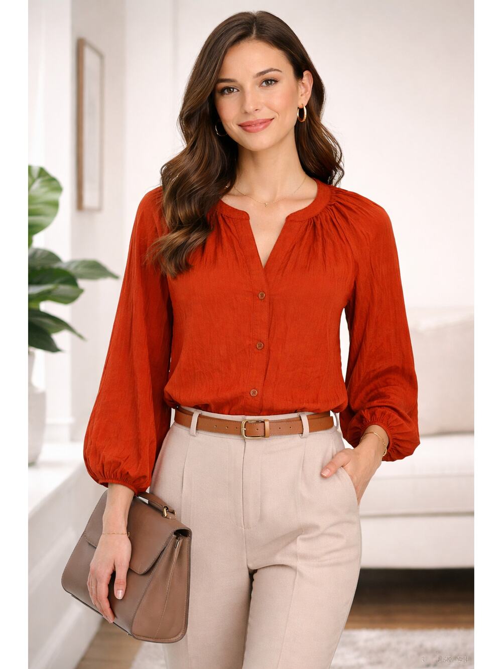 a.n.a Burnt Orange Crinkled Blouse NWT Size M | Chic Office Boho Style Flowy Top